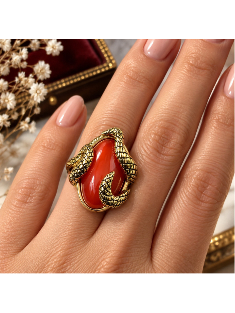 Snake Ring Orange Stone Silver Tone Size 7 Statement Serpent Costume Jewelry